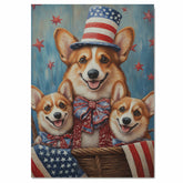 Mother Corgi Dog and Three Puppies in Patriotic Hats and Bows with American Flag Accents on Ready to Hang 1.5" Thick Canvas Wrap, Floating Framed Canvas, Flat Rolled Canvas